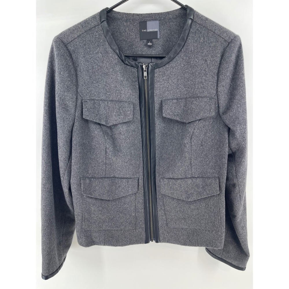 The Limited Jacket Women Large Gray Excellent Wool Blend Faux Leather Trim Zip